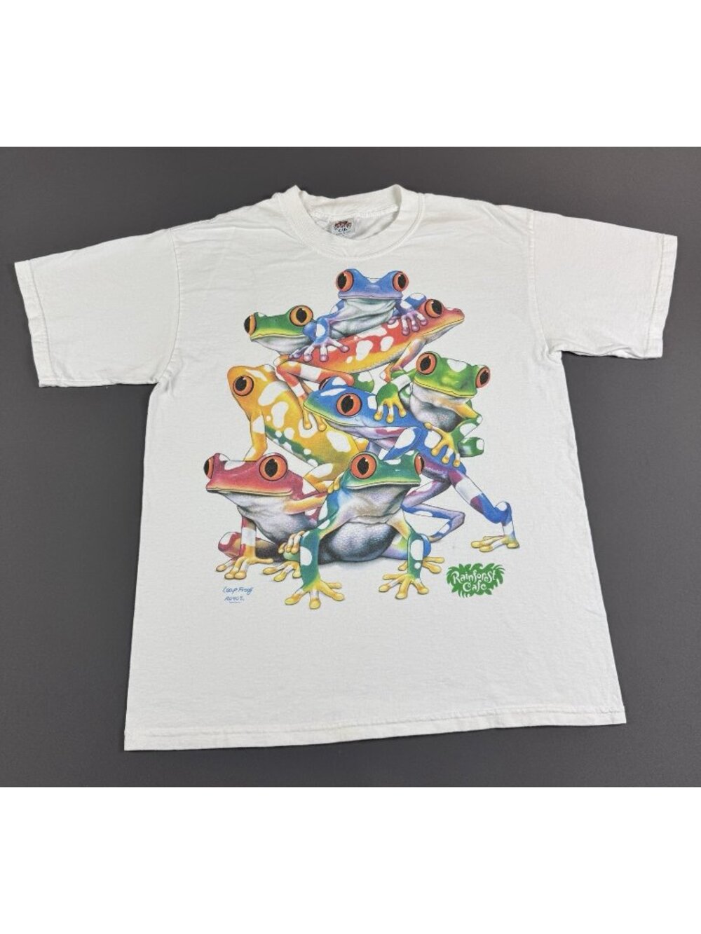 Rare Vintage 90s Rainforest Cafe Art Frogs Color Nature Earth White Large USA T